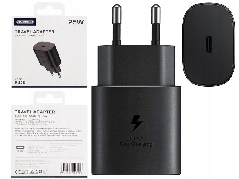 JELLICO ładowarka sieciowa EU25 PD 25W 1xUSB-C + kabel USB-C - USB-C Czarny