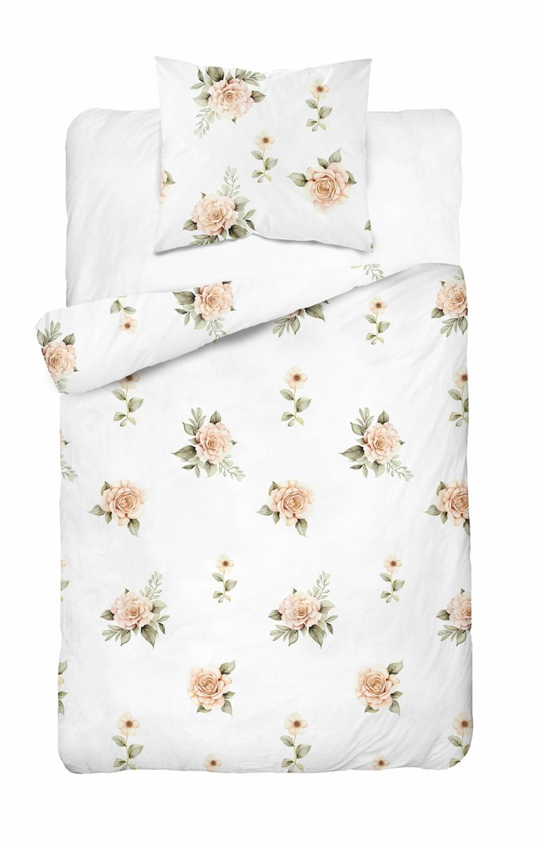 Pościel 140x200 Biała w beżowe róże – elegancki vintage, 100% bawełna