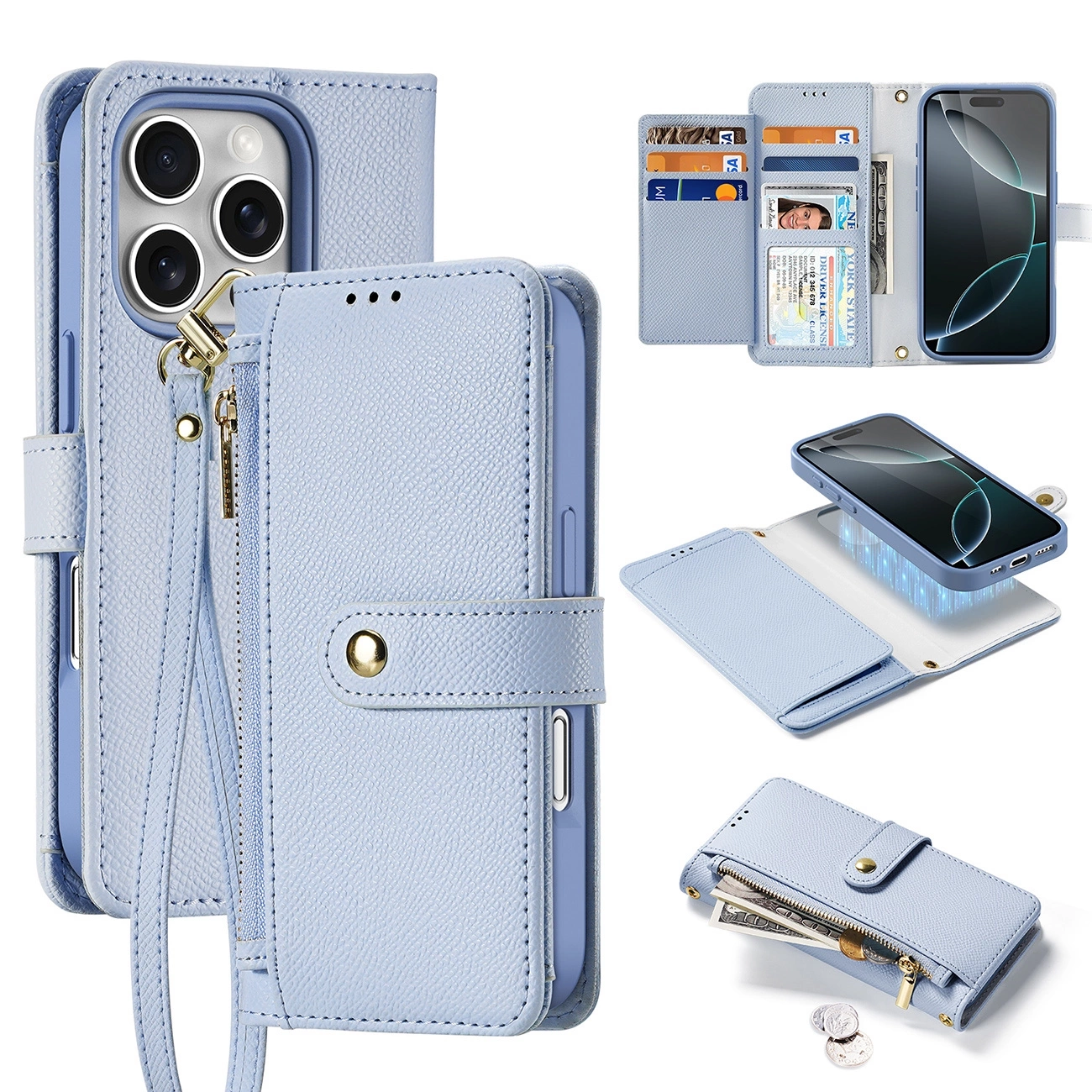 Etui skórzane Dux Ducis Lawa na iPhone 16 Pro z odłączanym portfelem magnetycznym - błękitne