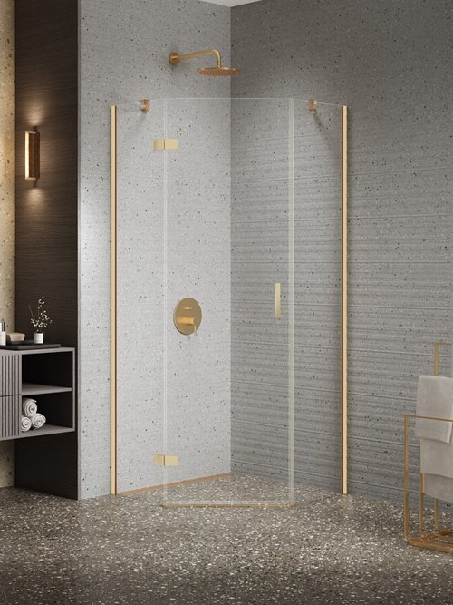 Kabina prysznicowa pięciokątna lewa drzwi uchylne kolor złoto szczotkowana 90x90 cm K-3801 New Trendy Nesta Gold Brushed