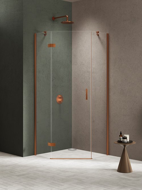 Kabina prysznicowa pięciokątna lewa drzwi uchylne kolor miedź szczotkowana 80x80 cm K-4679 New Trendy Nesta Copper Brushed