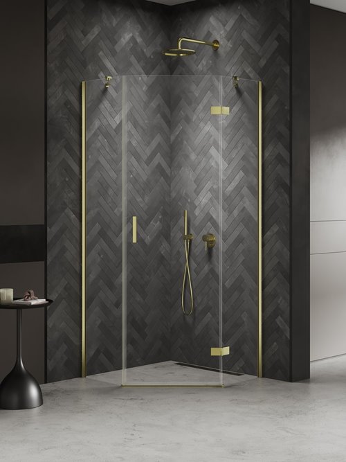 Kabina prysznicowa pięciokątna prawa drzwi uchylne kolor złoto połysk 90x90 cm K-4582 New Trendy Nesta Light Gold