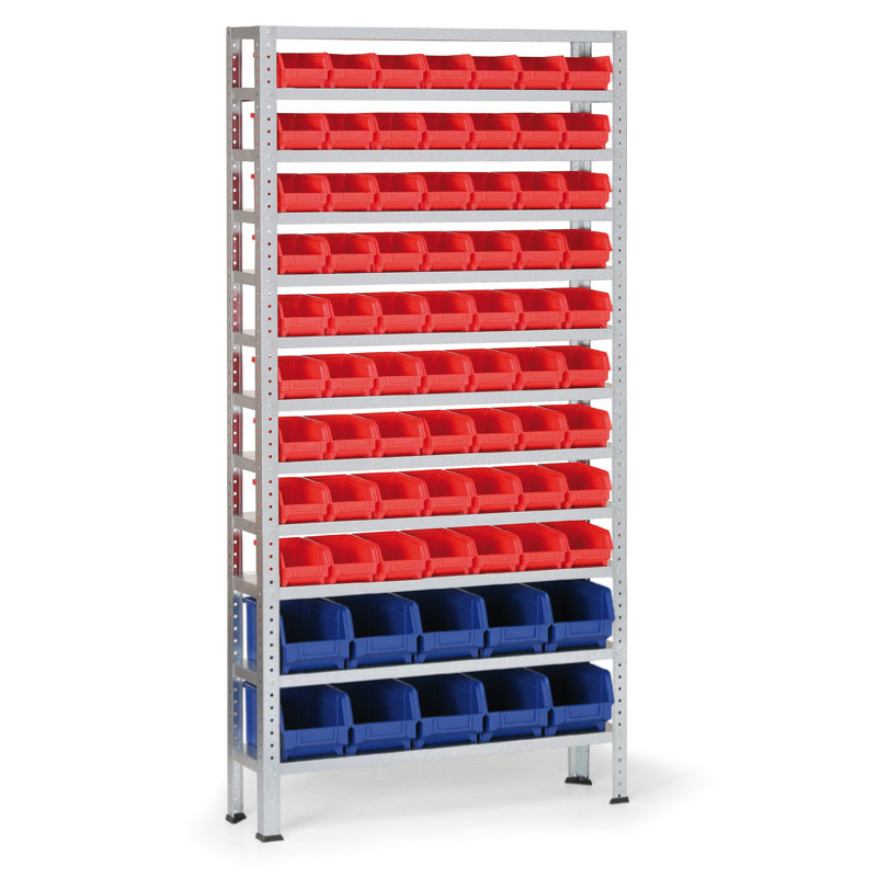 Regał z plastikowymi pojemnikami BASIC, 1730 x 850 x 300 mm, 63x pojemnik typu A + 10x pojemnik typu B