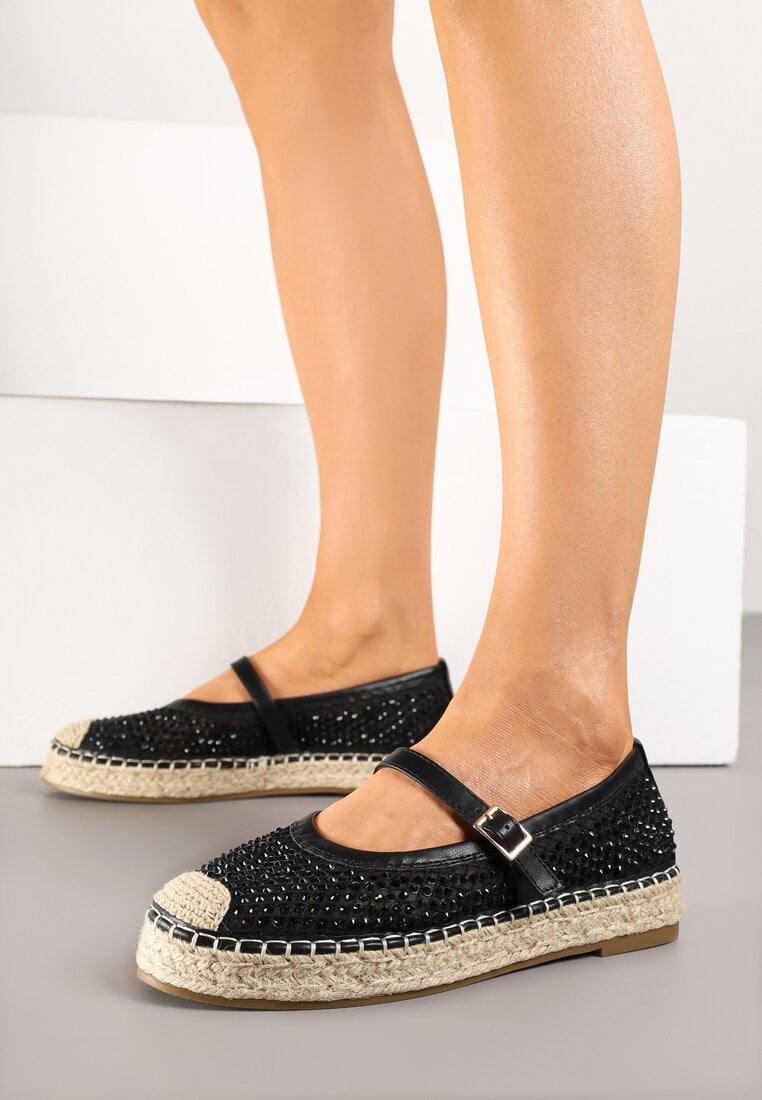 Czarne Ażurowe Espadryle z Plecionką Rineviella