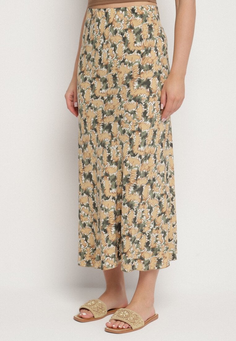 Zielono-Beżowa Wiskozowa Spódnica o Rozkloszowanym z Wysokim Stanem Fevenore