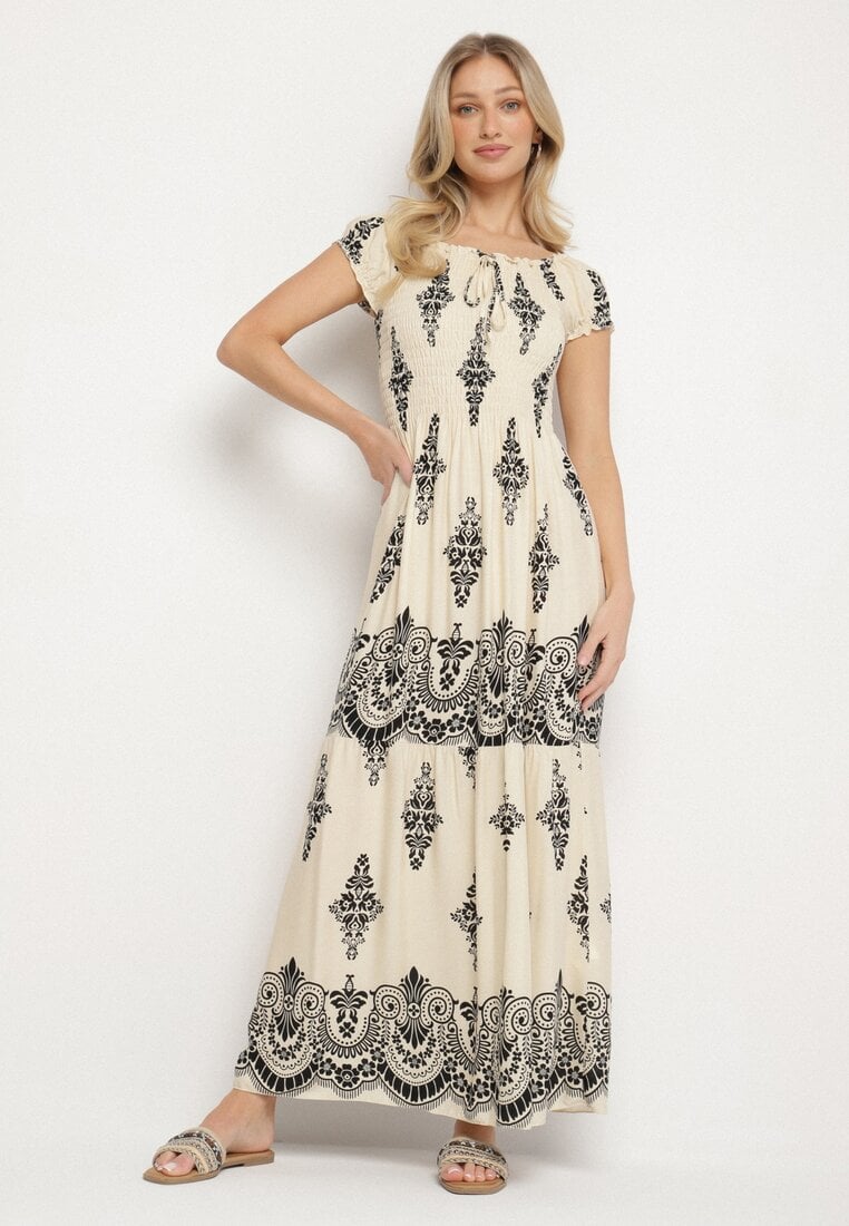 Beżowa Wiskozowa Sukienka z Marszczoną Góra i Wzorem Boho Ellifae