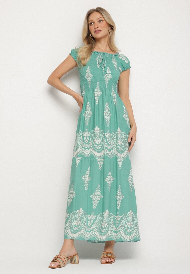 Jasnozielona Wiskozowa Sukienka z Marszczoną Góra i Wzorem Boho Ellifae