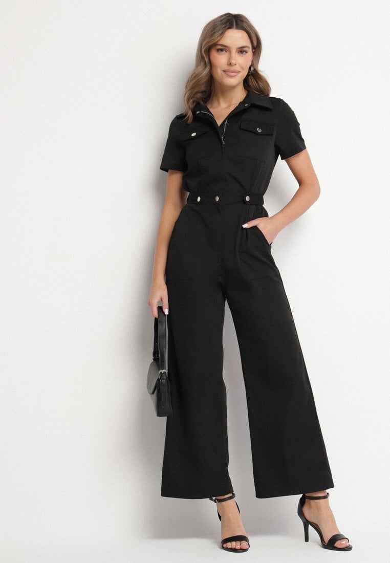 Czarny Kombinezon na Krótki Rękaw z Kołnierzykiem i Szeroką Nogawką Jenanisela
