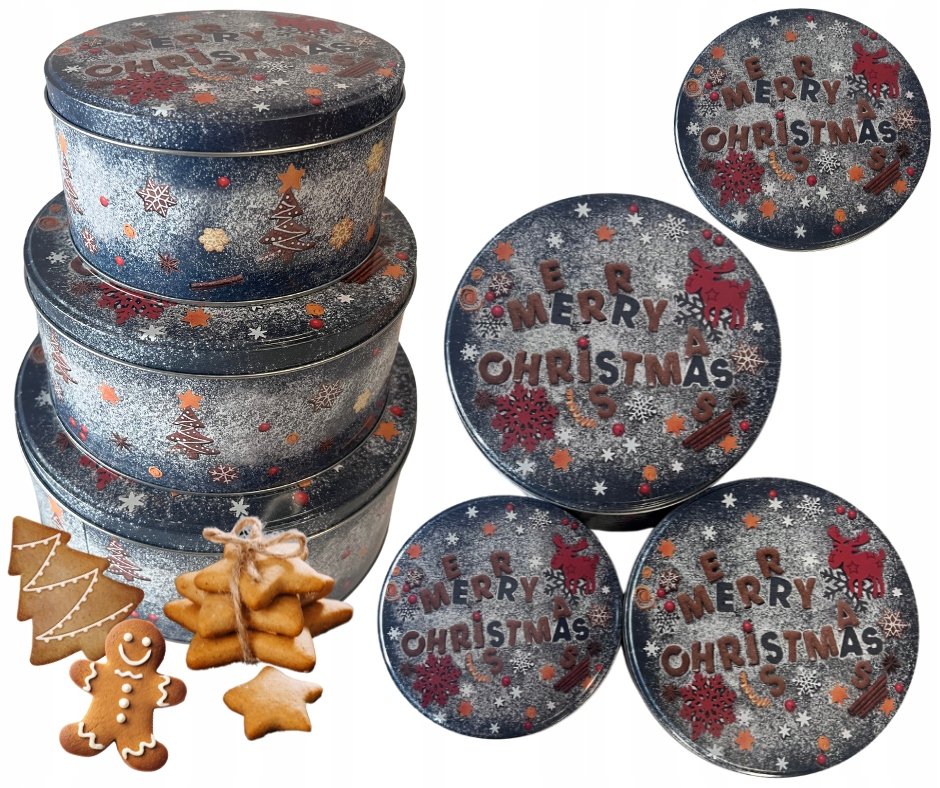Ekskluzywny zestaw 3 metalowych pojemników na ciastka motyw Świąteczny