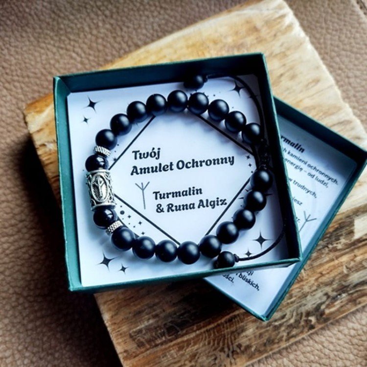 Czarny TURMALIN Runa ALGIZ Amulet OCHRONNY Bransoletka Męska OCHRONNA/GiovanniDivine