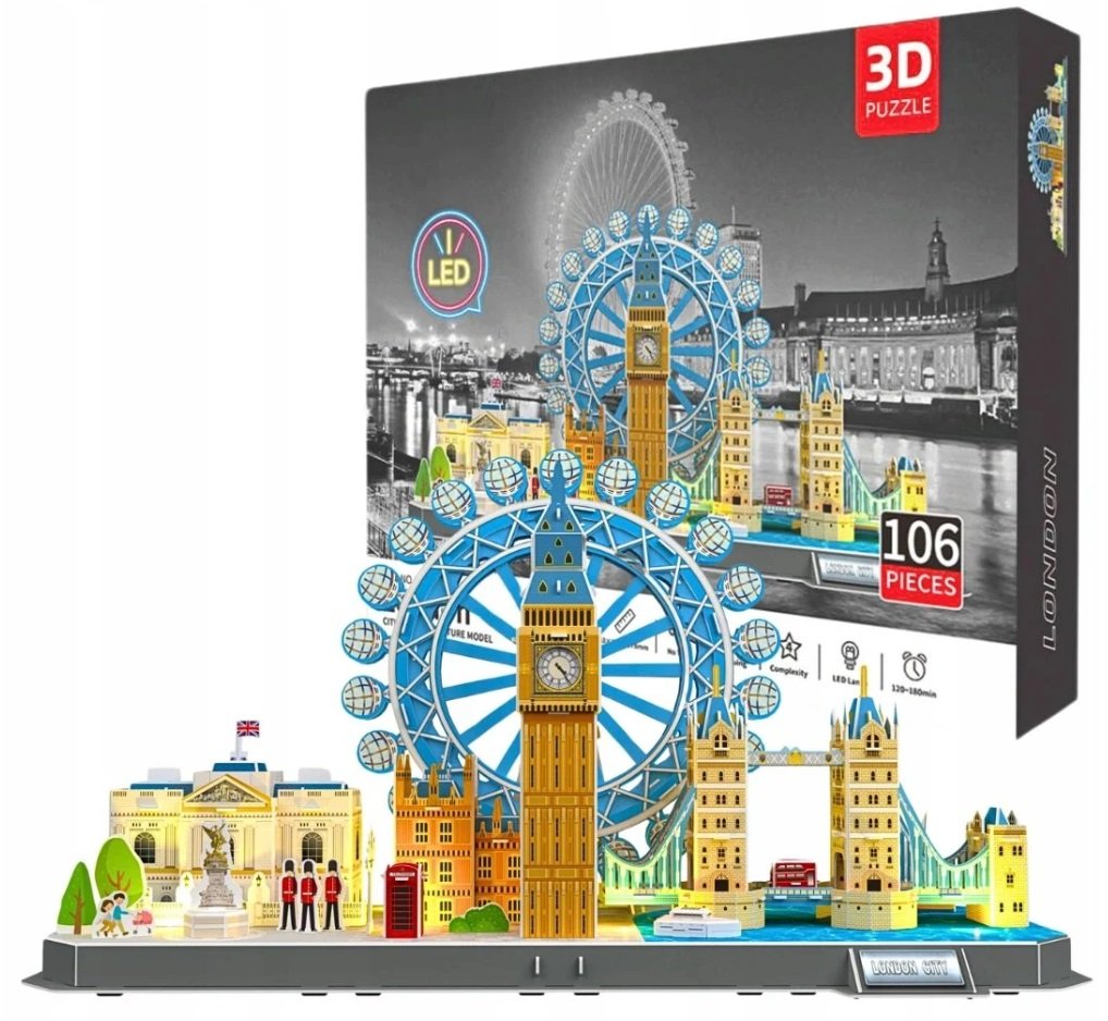 PUZZLE 3D MIASTO LONDYN PANORAMA LONDON BIG BEN ŚWIATŁO LED 106 ELEMENTÓW