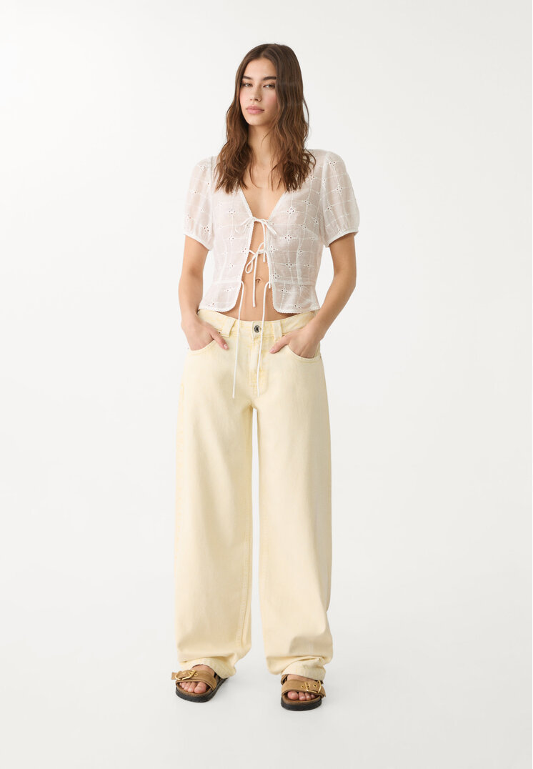 Stradivarius Jeansy barrel baggy balloon z efektem sprania Żółty 32