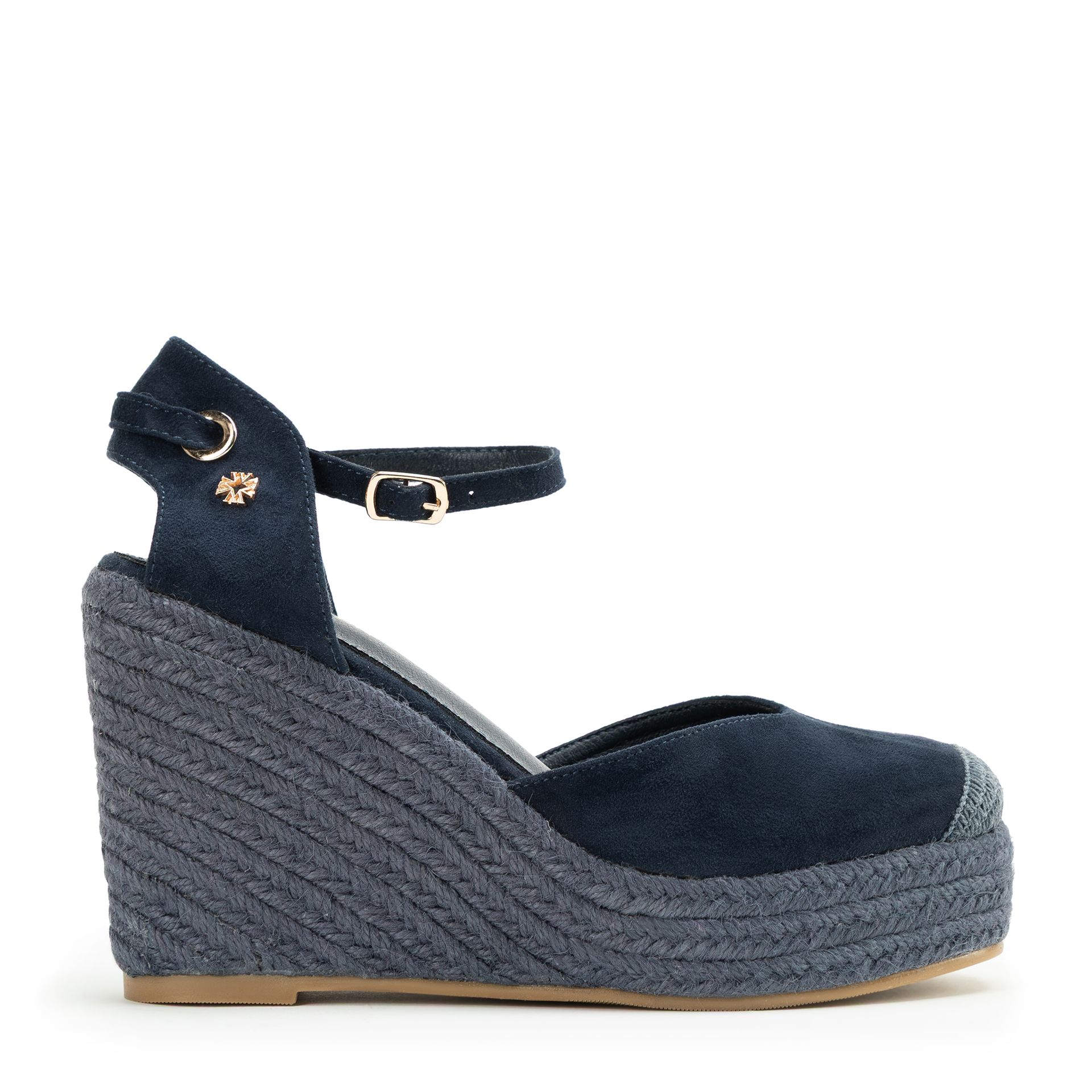 Damskie espadryle na koturnie z wiązaniem granatowe