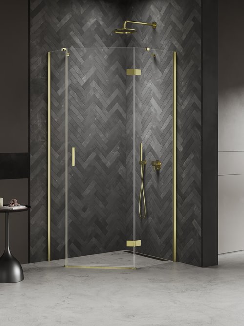 Kabina prysznicowa pięciokątna prawa drzwi uchylne kolor złoto połysk 100x80 cm K-4588 New Trendy Nesta Light Gold