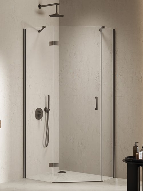 Kabina prysznicowa pięciokątna lewa drzwi uchylne kolor stal szczotkowana 100x80 cm K-4792 New Trendy Gunmetal Brushed