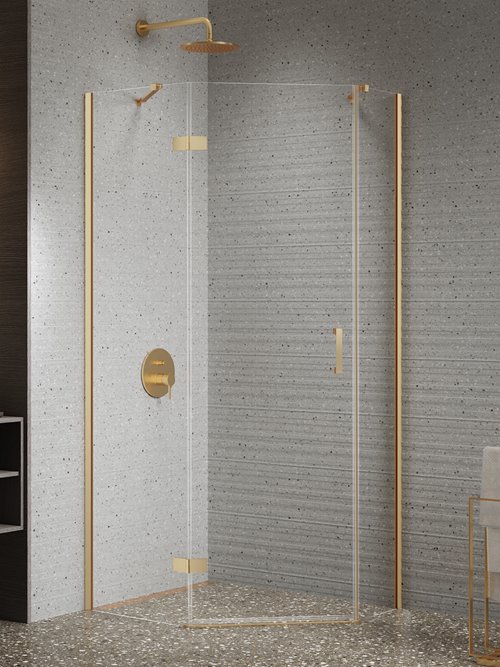 Kabina prysznicowa pięciokątna lewa drzwi uchylne kolor złoto szczotkowane 100x80 cm K-4486 New Trendy Gold Brushed