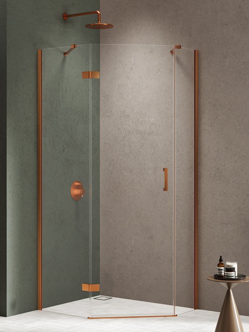 Kabina prysznicowa pięciokątna lewa drzwi uchylne kolor miedź szczotkowana 100x80 cm K-4686 New Trendy Copper Brushed