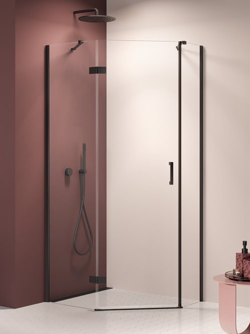 Kabina prysznicowa pięciokątna lewa drzwi uchylne kolor czarny mat 100x80 cm K-3792 New Trendy Nesta Black _______ W SKLEPIE________