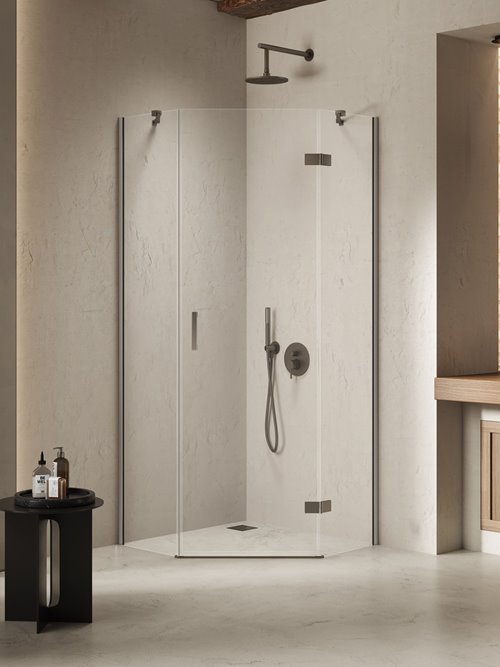 Kabina prysznicowa pięciokątna prawa drzwi uchylne kolor stal szczotkowana 90x90 cm K-4788 New Trendy Nesta Gunmetal Brushed
