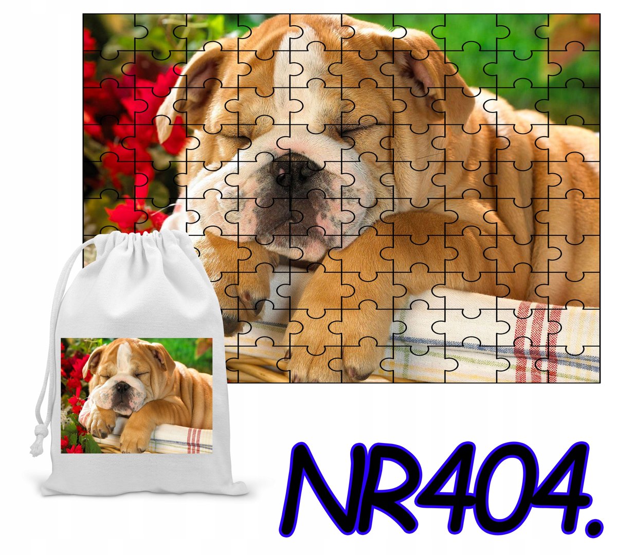 PUZZLE 110 EL. UKŁADANKA DLA DZIECI PIESKI BULDOGI + WORECZEK Z NADRUKIEM