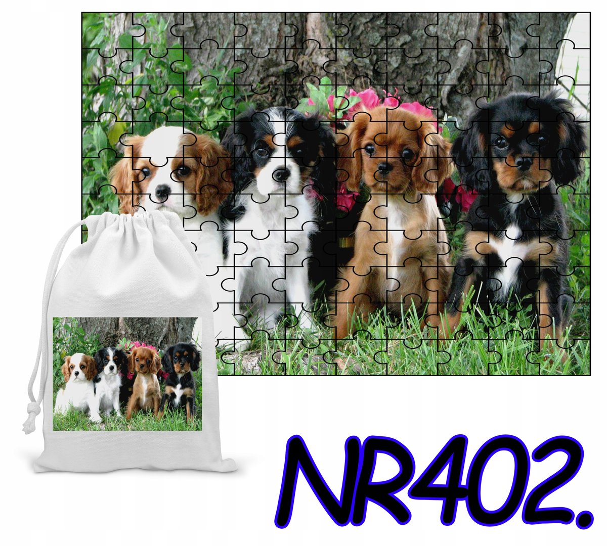 PUZZLE 70 EL. UKŁADANKA DLA DZIECI PIESKI CAVALIER + WORECZEK Z NADRUKIEM