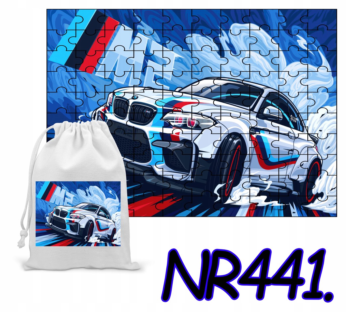 PUZZLE 70 EL. UKŁADANKA MOTO BMW WYŚIGI AUTA SMOOCHODY+WORECZEK Z NADRUKIEM