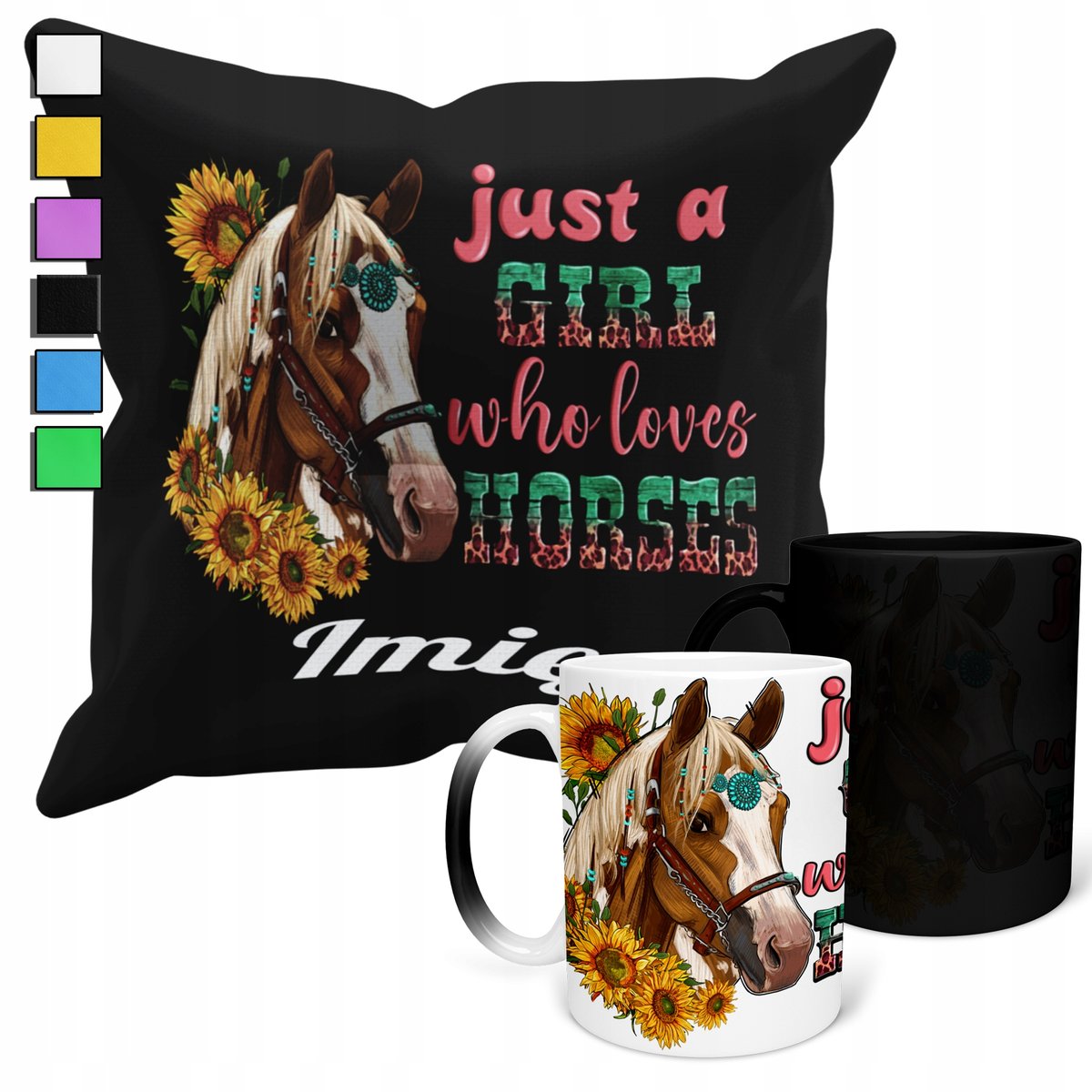 ZESTAW KUBEK MAGICZNY ZMIENIAJĄCY KOLOR + POSZEWKA KONIE ZWIERZĘTA + IMIĘ