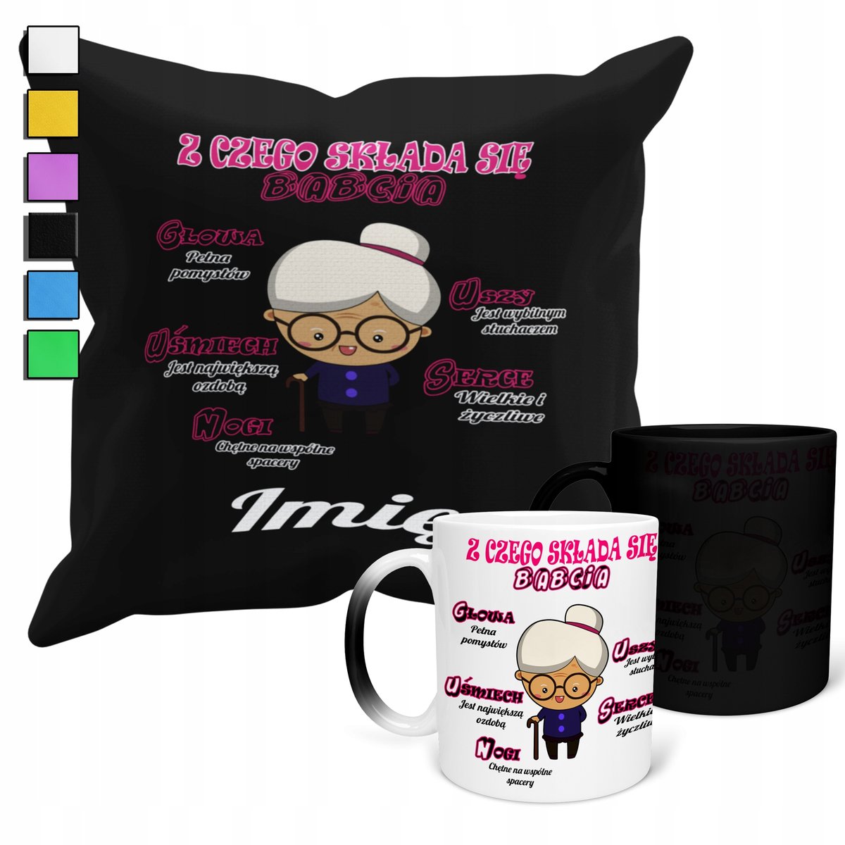 ZESTAW KUBEK MAGICZNY ZMIENIAJĄCY KOLOR + POSZEWKA DZIEŃ BABCI PREZENT+IMIĘ