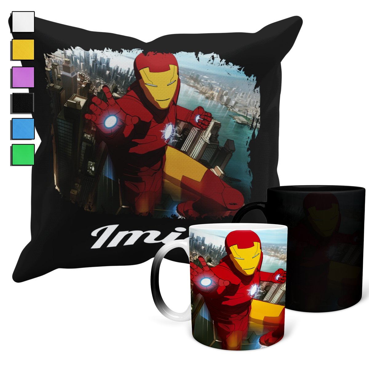 ZESTAW KUBEK MAGICZNY ZMIENIAJĄCY KOLOR + POSZEWKA AVENGERS IRON MAN + IMIĘ