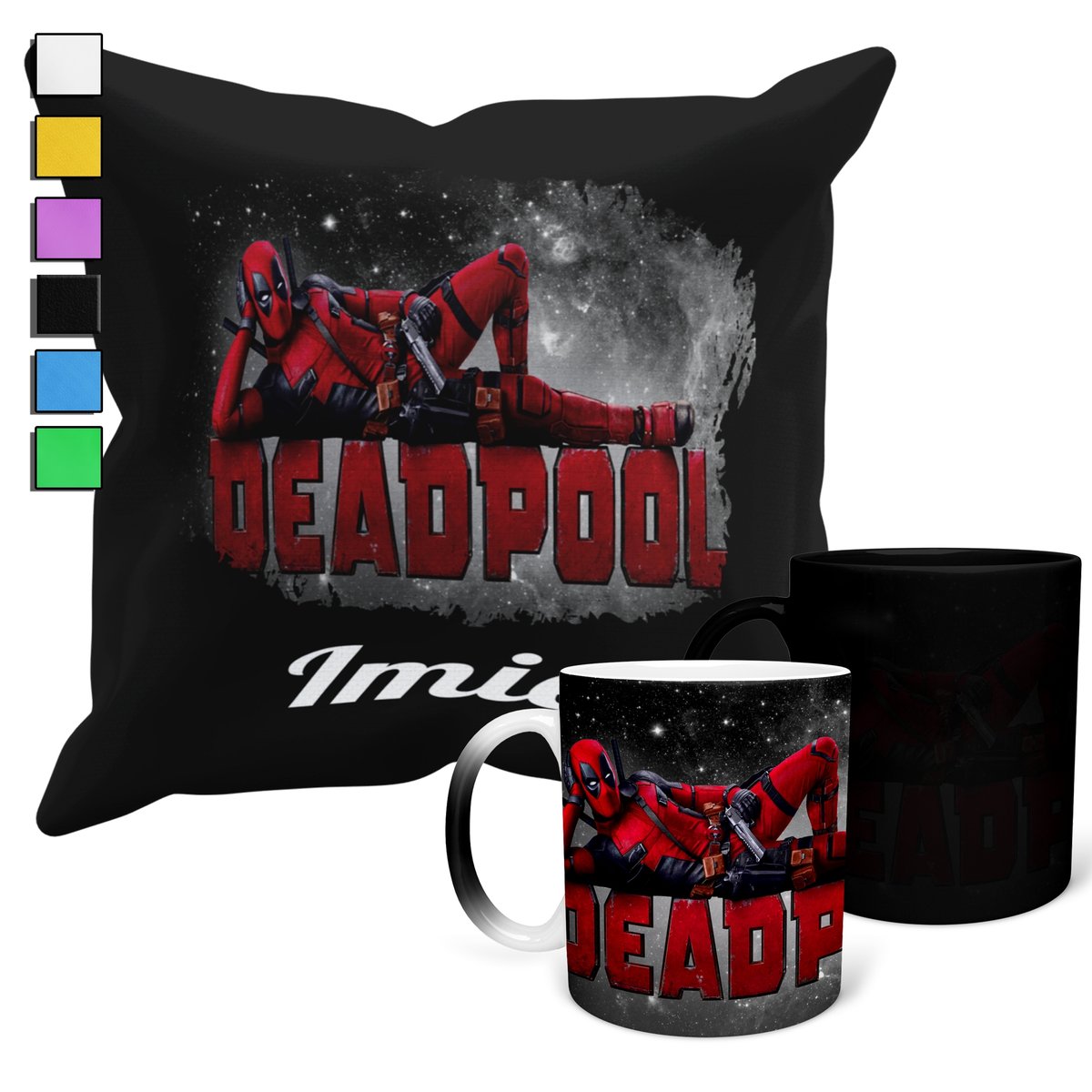 ZESTAW KUBEK MAGICZNY ZMIENIAJĄCY KOLOR + POSZEWKA AVENGERS DEADPOOL + IMIĘ