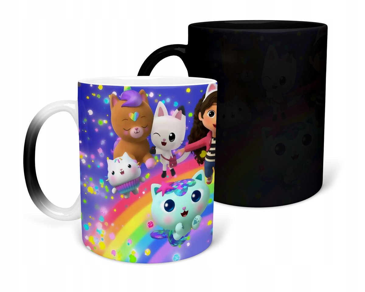 KUBEK MAGICZNY Z NADRUKIEM-KOCI DOMEK GABI RÓŻNE WZORY DO WYBORU+ IMIĘ