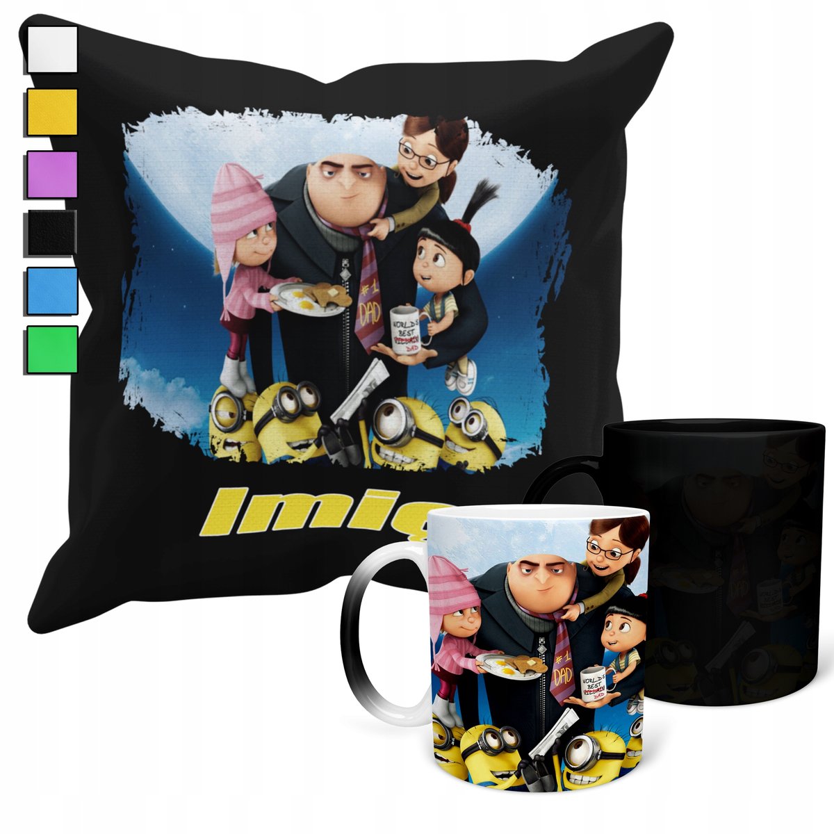 ZESTAW KUBEK MAGICZNY ZMIENIAJĄCY KOLOR + POSZEWKA MINIONKI + IMIĘ