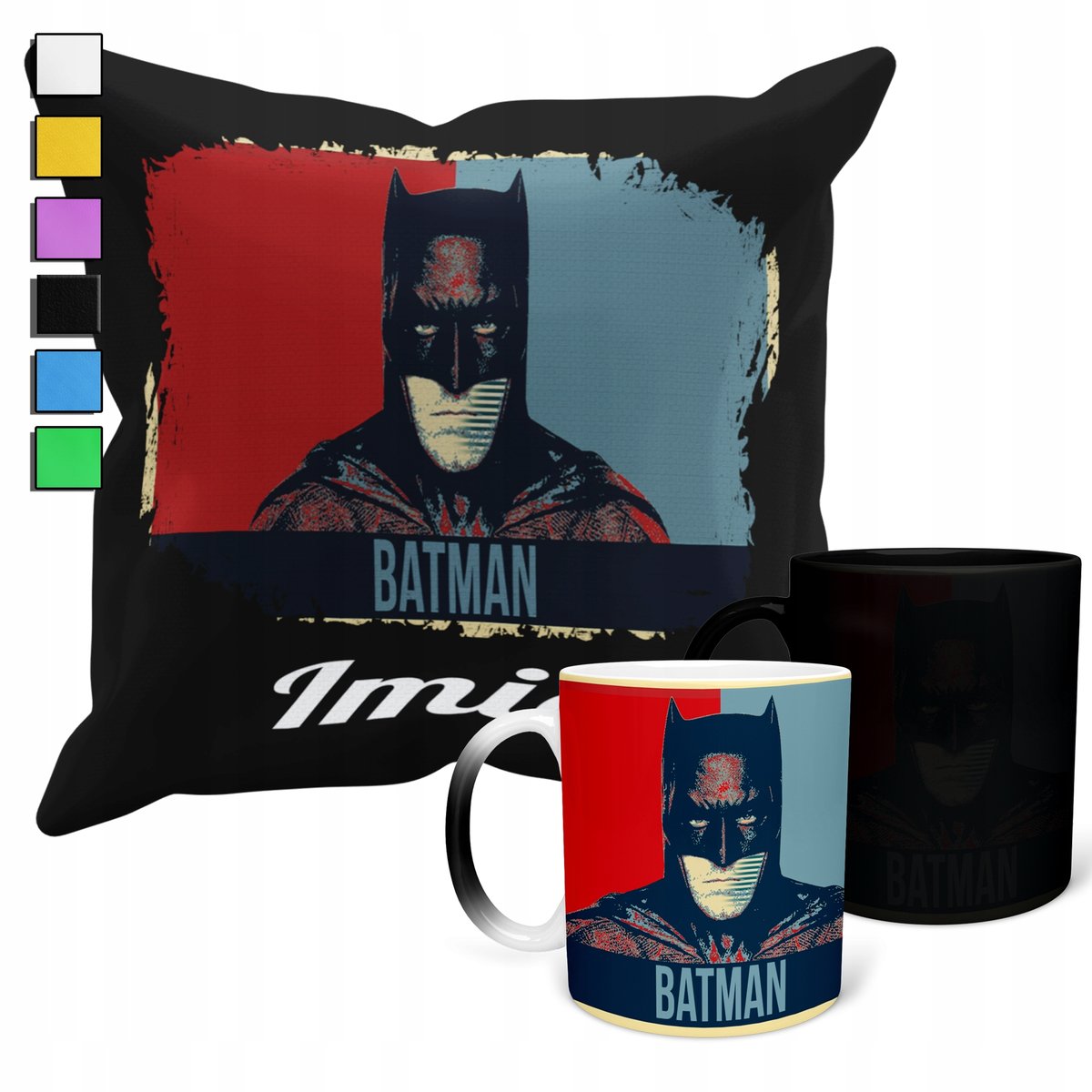 ZESTAW KUBEK MAGICZNY ZMIENIAJĄCY KOLOR + POSZEWKA AVENGERS BATMAN + IMIĘ