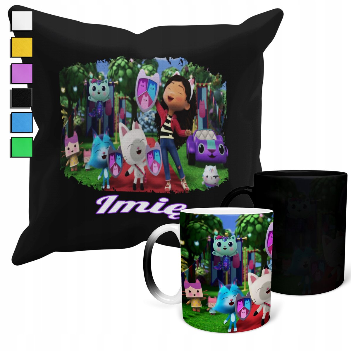 ZESTAW KUBEK MAGICZNY ZMIENIAJĄCY KOLOR + POSZEWKA KOCI DOMEK GABI + IMIĘ