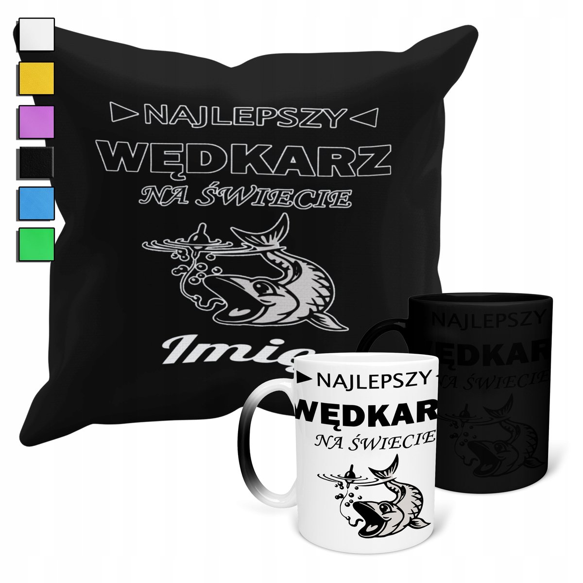 ZESTAW KUBEK MAGICZNY ZMIENIAJĄCY KOLOR + POSZEWKA WĘDKARZ PREZENT+IMIĘ