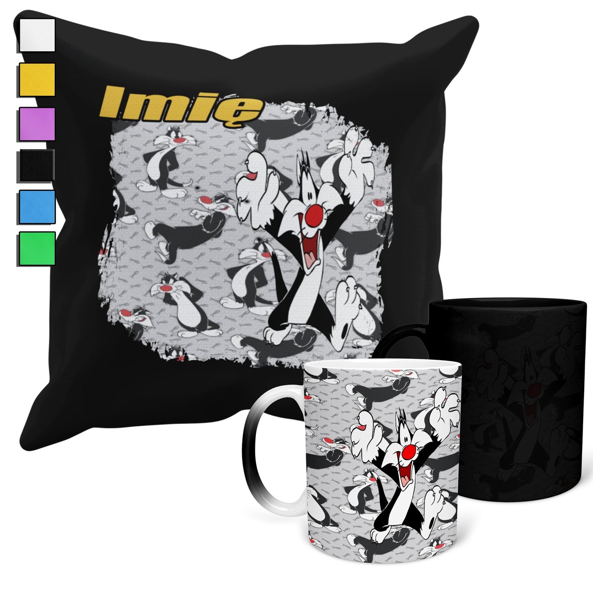 ZESTAW KUBEK MAGICZNY ZMIENIAJĄCY KOLOR + POSZEWKA KOT SYLVESTER + IMIĘ