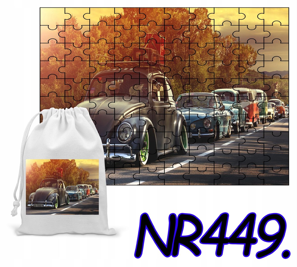 PUZZLE 252 EL. UKŁADANKA MOTORYZACJA GARBUS AUTA + WORECZEK Z NADRUKIEM