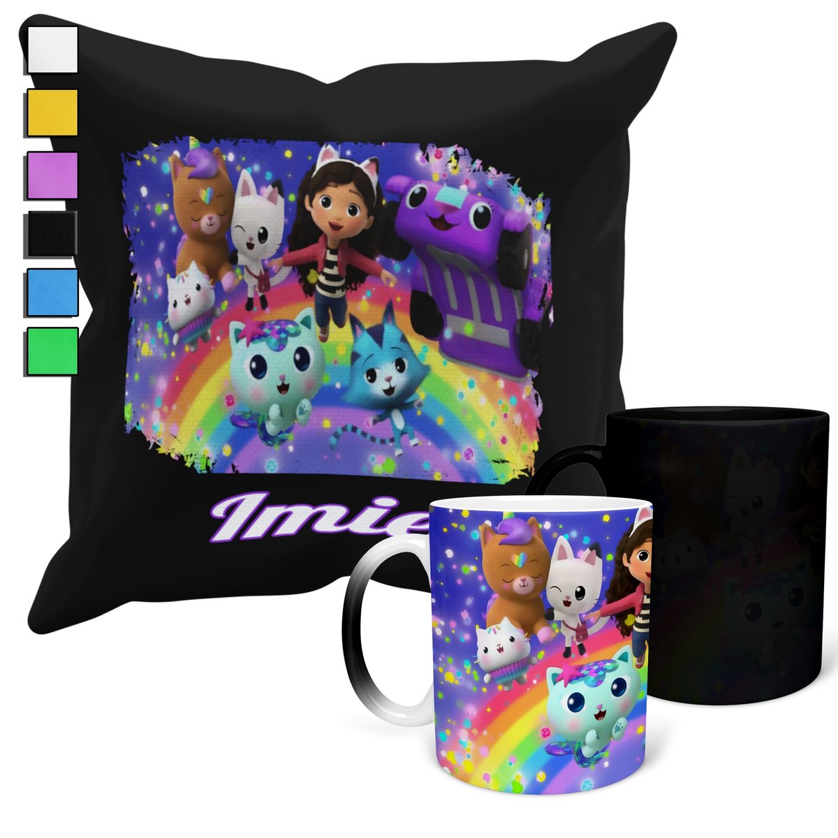 ZESTAW KUBEK MAGICZNY ZMIENIAJĄCY KOLOR + POSZEWKA KOCI DOMEK GABI + IMIĘ