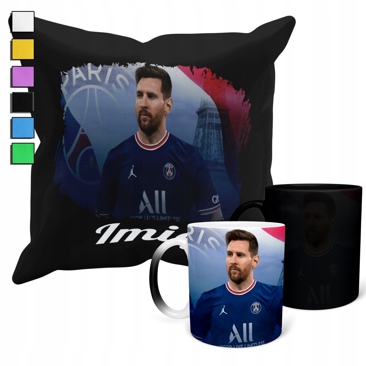 ZESTAW KUBEK MAGICZNY ZMIENIAJĄCY KOLOR + POSZEWKA MESSI PIŁKARZE + IMIĘ