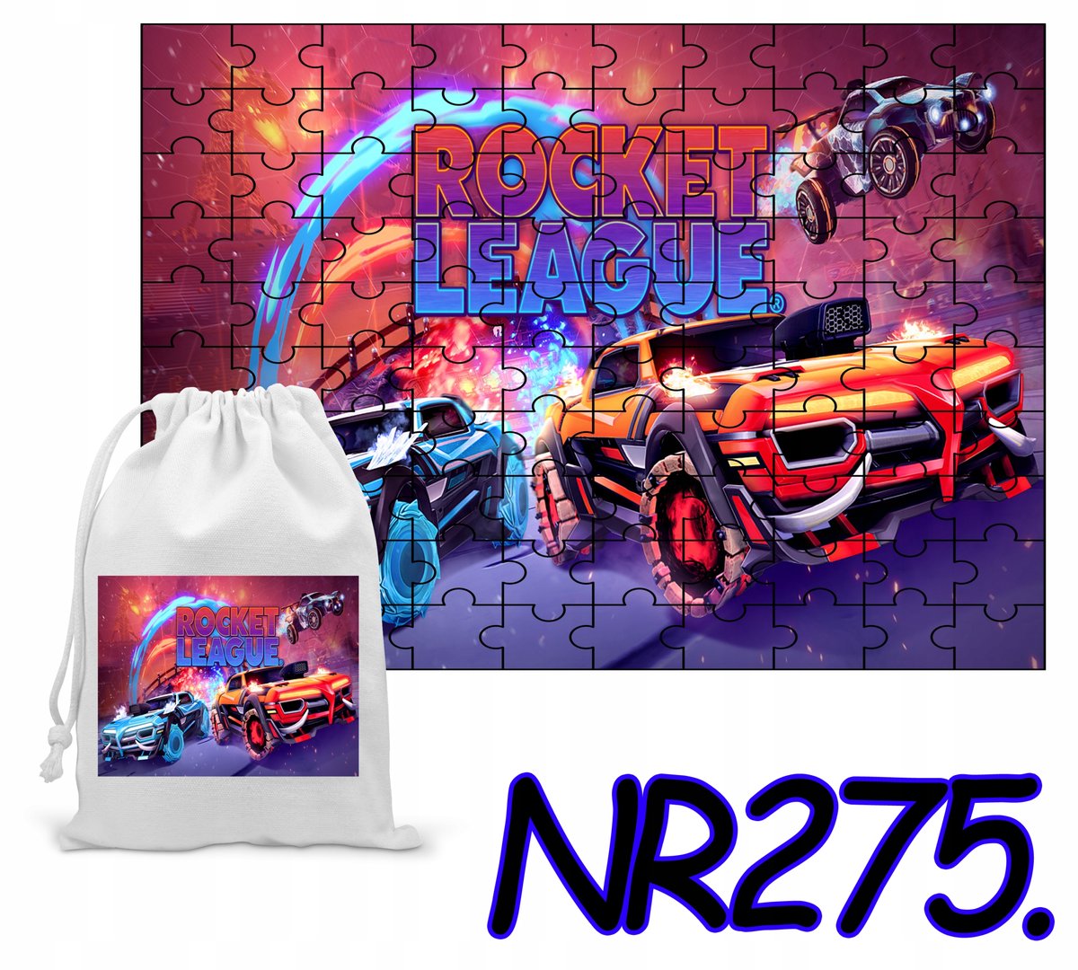 PUZZLE 70 EL. UKŁADANKA DLA DZIECI AUTA ROCKET LEAGUE +WORECZEK Z NADRUKIEM