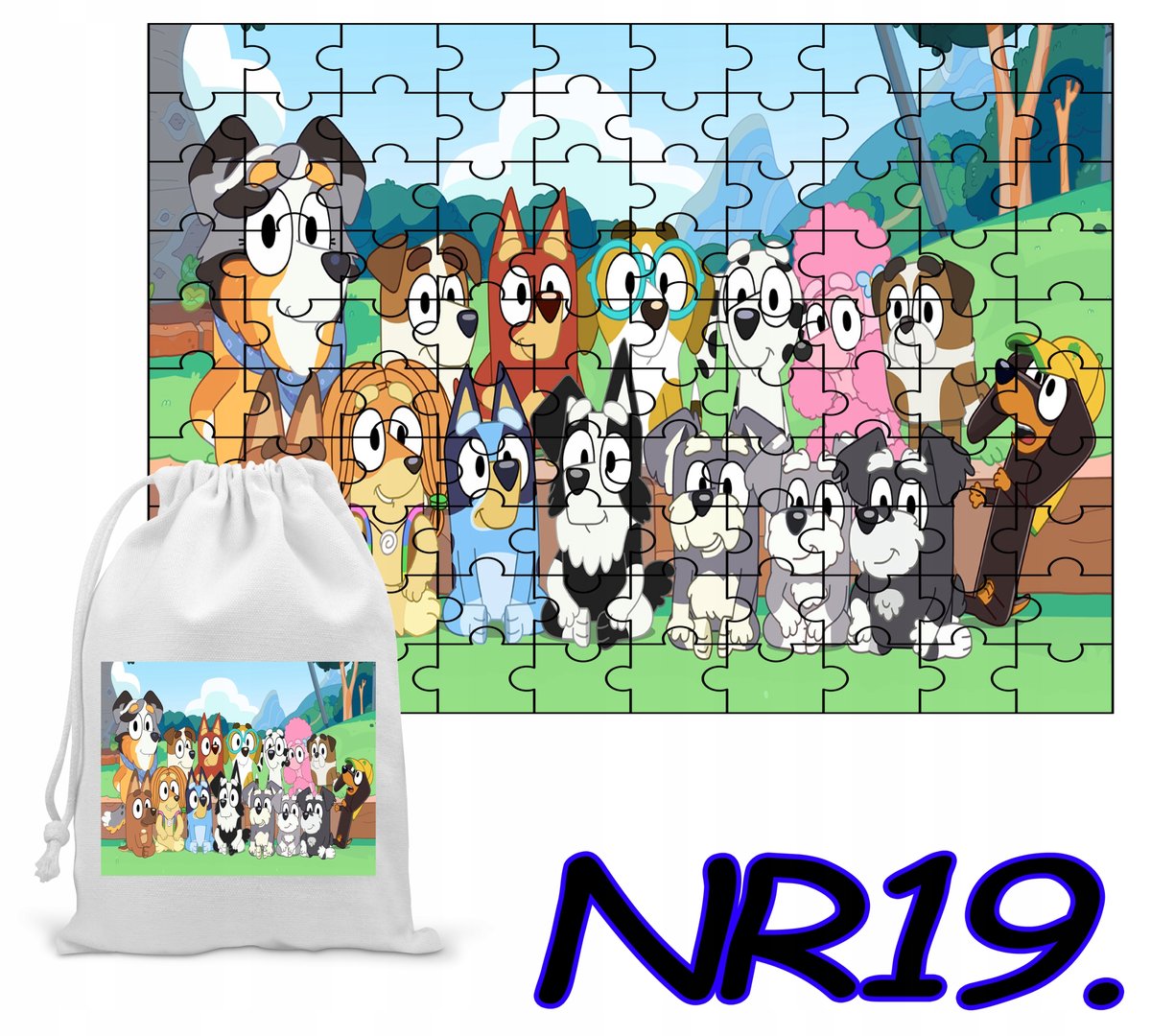 PUZZLE 70 EL. UKŁADANKA PREZENT NIEBIESKI PIESEK + WORECZEK Z NADRUKIEM