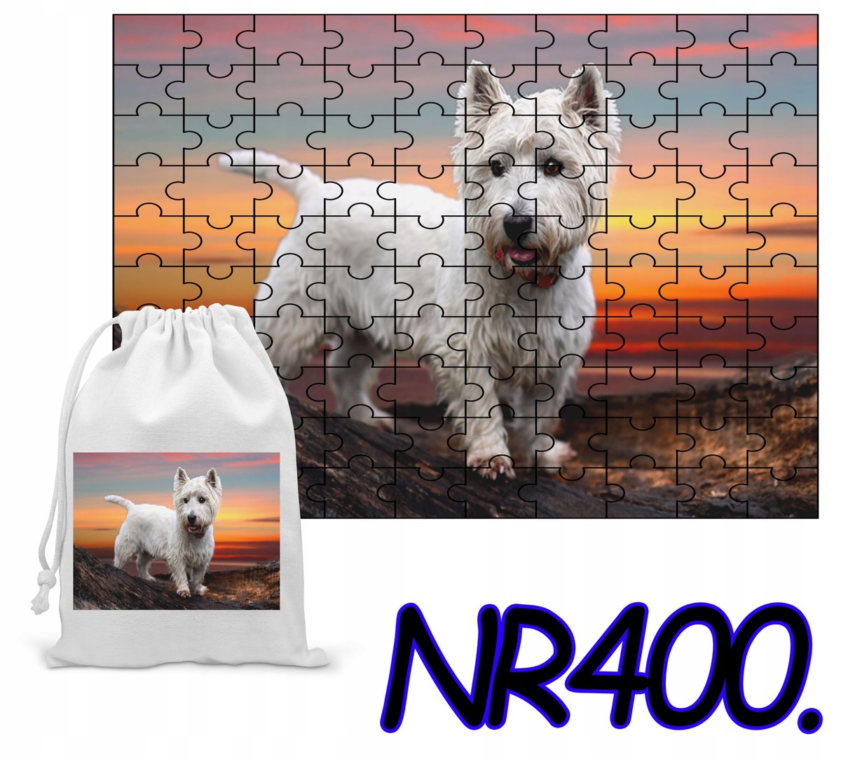 PUZZLE 110 EL.-UKŁADANKA PREZENT ZWIERZĘTA PIES PIESEK+WORECZEK Z NADRUKIEM