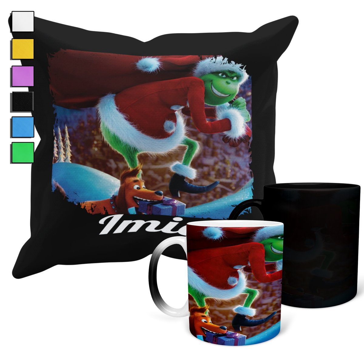 ZESTAW KUBEK MAGICZNY ZMIENIAJĄCY KOLOR + POSZEWKA GRINCH ŚWIĘTA + IMIĘ