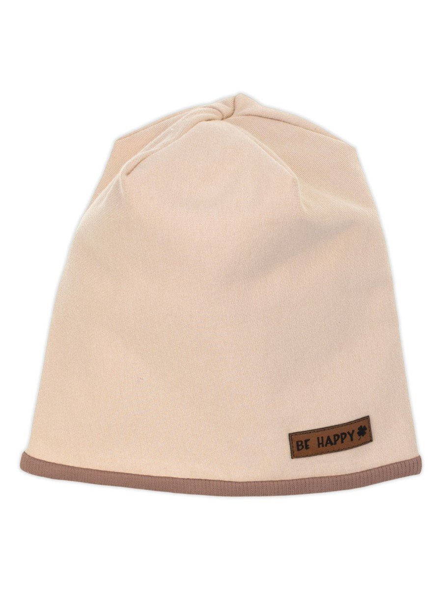 Dziewczęca czapka z naszywką BE HAPPY beżowa Nicol,r.56/62