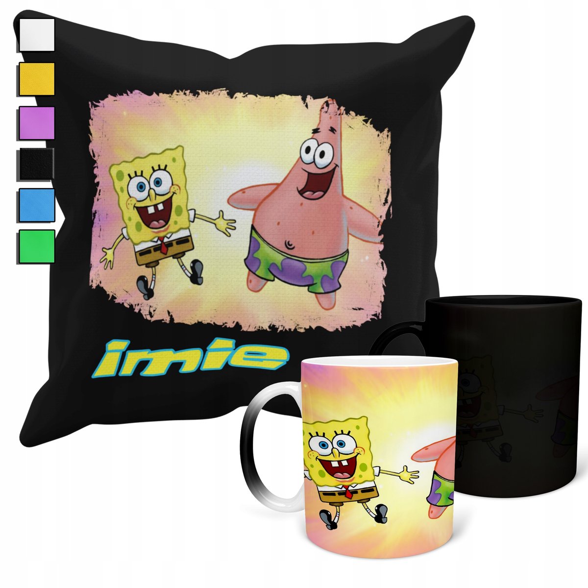 ZESTAW KUBEK MAGICZNY ZMIENIAJĄCY KOLOR + POSZEWKA GĄBKA PATRYK + IMIĘ