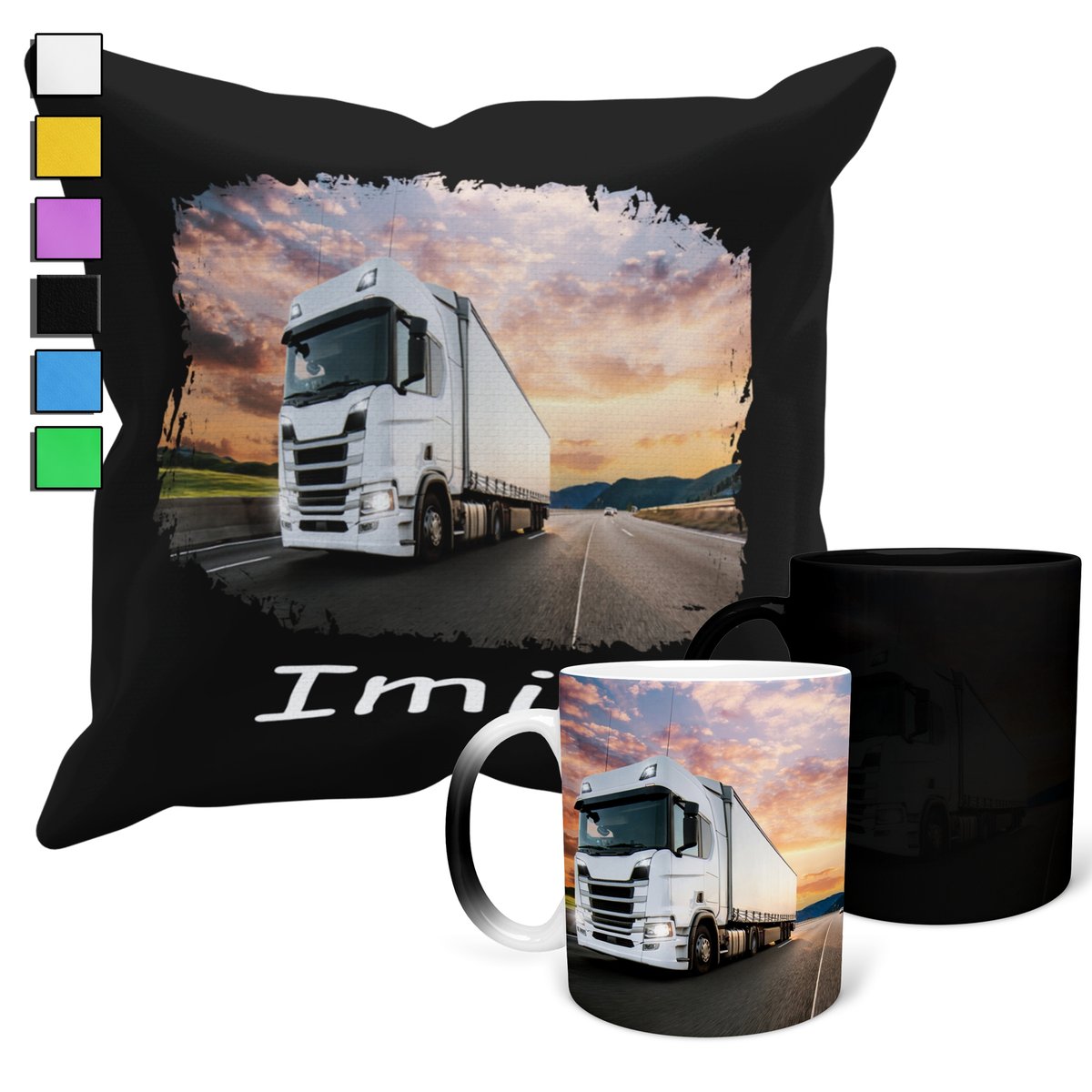 ZESTAW KUBEK MAGICZNY ZMIENIAJĄCY KOLOR + POSZEWKA TIR CIĘŻARÓWKA + IMIĘ