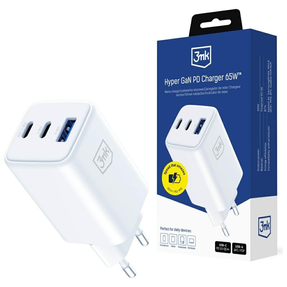 Ładowarka sieciowa 3MK Hyper GaN Charger 65W 1xUSB-A 2xUSB-C PD QC4+ biały