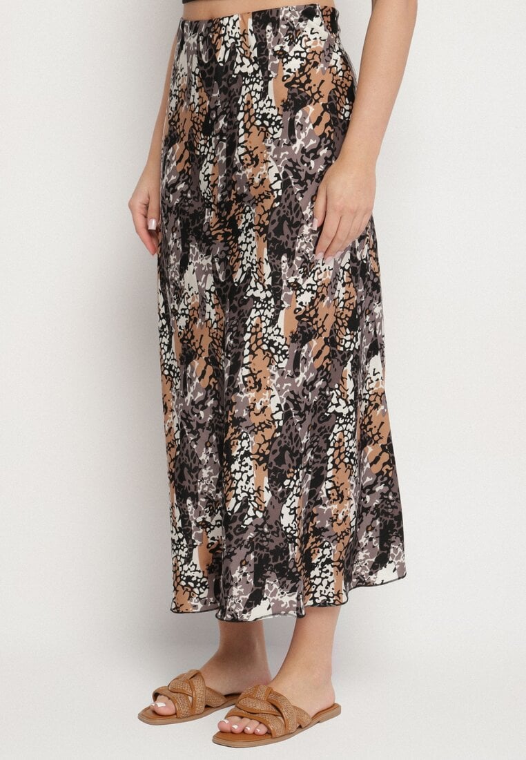 Szaro-Beżowa Wiskozowa Spódnica z Wysokim Stanem i Abstrakcyjnym Wzorem Rinalisa
