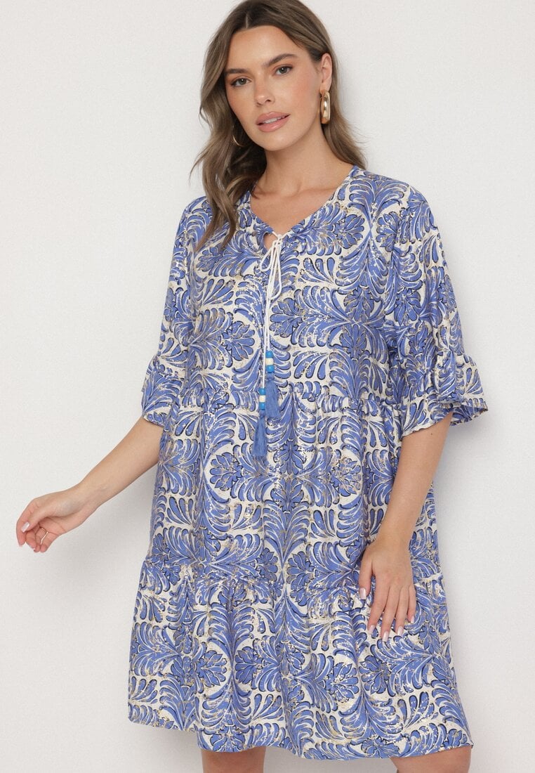 Niebieska Sukienka z Lnem o Rozkloszowanym Kroju z Falbanami i Metalicznym Nafrukiem Rinanis