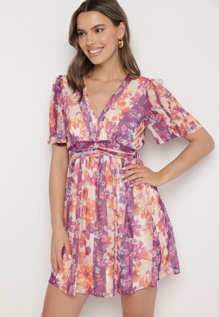 Fioletowa Sukienka w Kwiatowy Wzór Rinovea